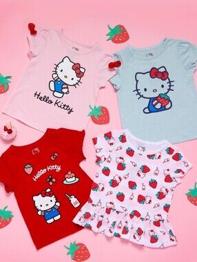 4 Pack Hello Kitty Strawberry Tops - Pink, Light Blue, Red, White